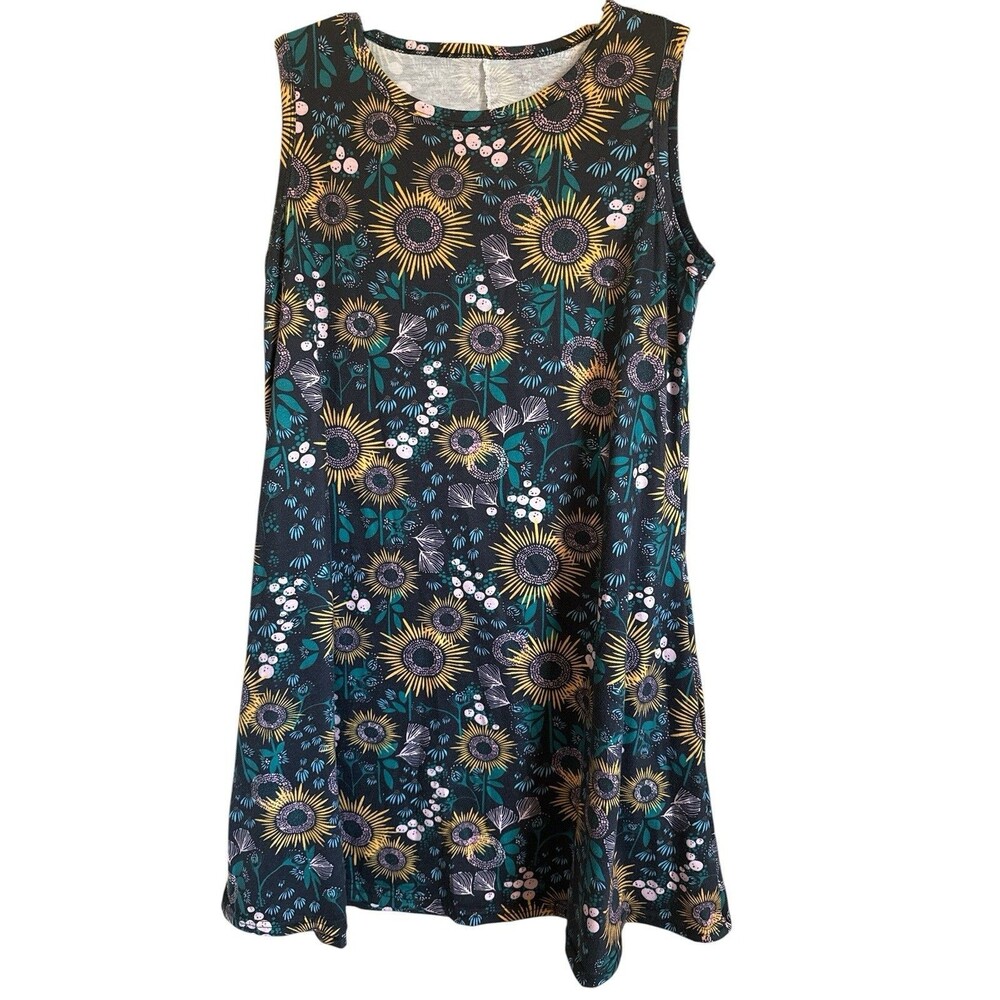 Unbranded XL Sleeveless Blue Gold Boho Floral Print Dress W Scoop Neck￼